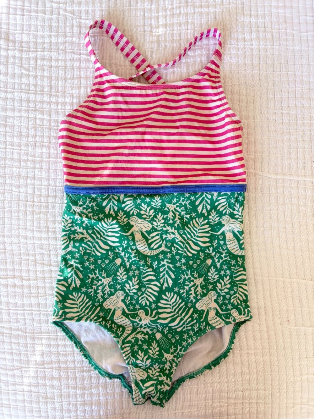 Mini Boden Swimsuit Girls 7-8 Green Mermaid Hotchpotch Striped Pink One Piece